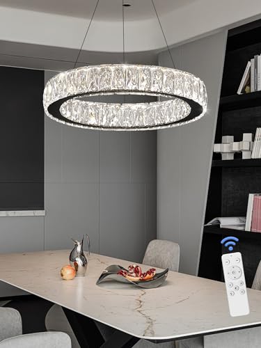 Modern 23.6'' Ring Crystal Chandelier Adjustable LED Ring Pendant Light Dimmable Black Round Crystal Chandelier Light for Dining Room Living Room