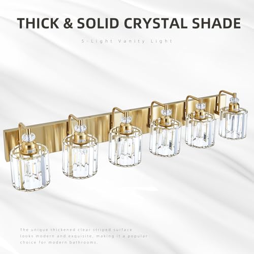 6 Light Modern Vanity Lights Brushed Brass Bathroom Light Fixtures Over Mirror Gold Bathroom Vanity Lighting with Crystal Shade E26 Base Wall Sconce for Bedroom Living Room Restroom Wall Lamp