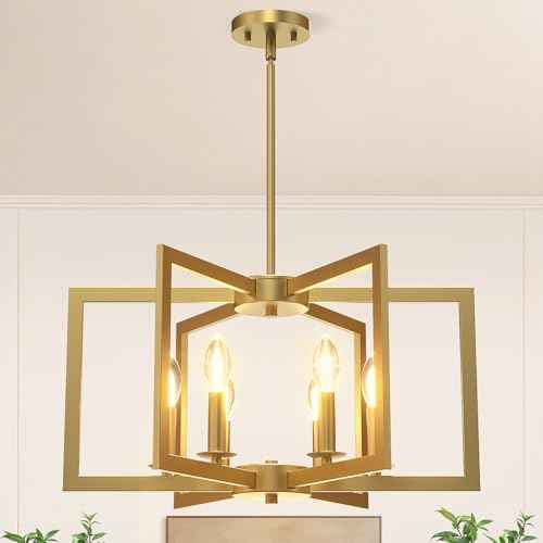 Modern Gold Chandelier, 6-Light Geometric Dining Room Light Fixture, Industrial Pendant Lights Kitchen Island, Hanging Metal Farmhouse Chandelier for Bedroom, Entryway, Foyer, Kitchen, Living Room