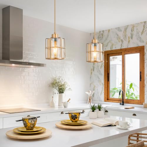 Farmhouse Brass Pendant Light Fixtures with Amber Glass (2 Count)