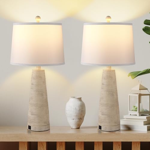 Nightstand Lamp Bedside Lamps Set of 2 Vintage Rustic Farmhouse Table Lamp 3 Way Dimmable Horizontal Stripe Light