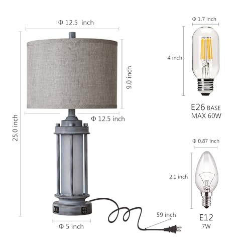 25" Rustic Farmhouse Nightstand Lamp with 2 USB C+A Ports