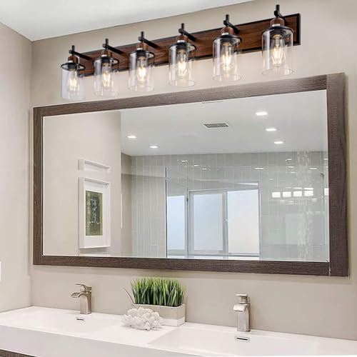 6 Light Farmhouse Bathroom Light Fixtures Vintage Bathroom Vanity Lights Over Mirror Black and Wood Painted Metal Vanity Light for Bathroom with Glass Shades E26 Socket