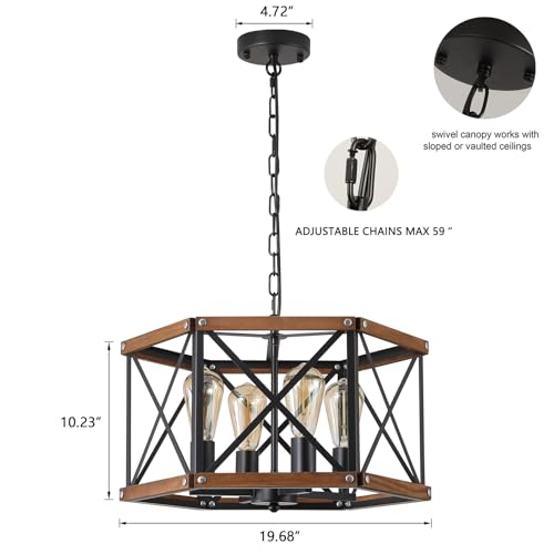 4 Light Large Rustic Farmhouse Wood Pendant Light Fixture with Adjustable Chain