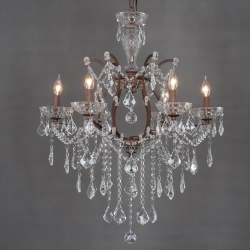 6 Light Vintage Crystal Chandeliers Maria Theresa French Country Farmhouse Chandeliers Light with K9 Crystal Pendants Distressed Brown Iron Frame Pendant Light for Bedroom Foyer Dining Room Rust color
