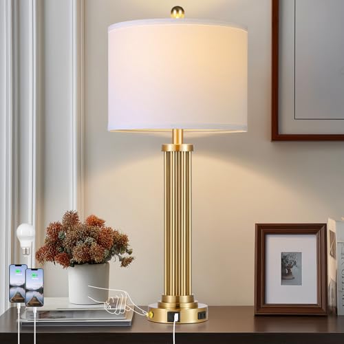 28" Tall Modern Table Lamp with USB C+A Ports and AC Outlet