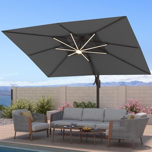 10x13FT Patio Cantilever Outdoor Offset Umbrella with LED Lights