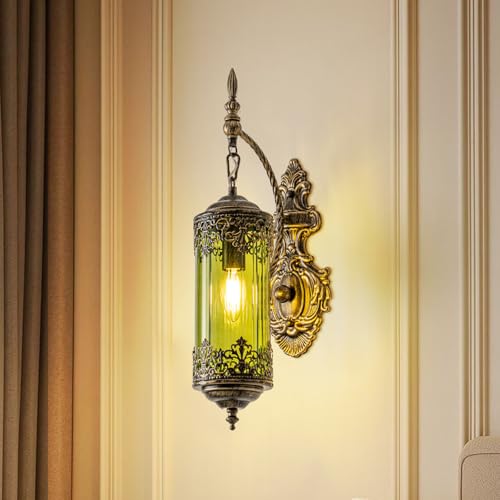 Antique Gothic Green Glass Wall Sconce for Bedroom