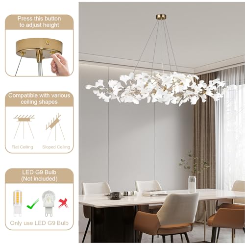 59 Inch Modern Rectangle Chandelier Ceramic Ginkgo Leaf Chandeliers Large Brass Chandeliers White Chandelier for Dining Room Living Room