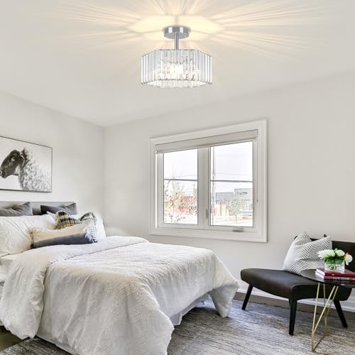 Chrome Crystal Semi Flush Ceiling Light Modern Entryway Light Fixture