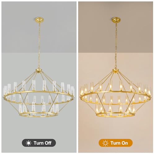 63 Inch Large Gold Wagon Wheel Chandelier with Clear Glass Shade 2 Tier 36