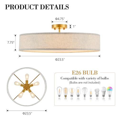 Gold Semi Flush Mount Ceiling Light Fixture 24" Large Modern Ceiling Light with Linen Fabric Drum Shade 5