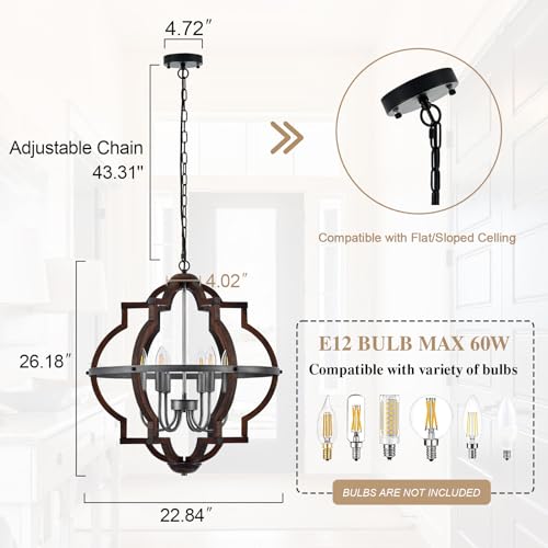 6 Light Wood Farmhouse Chandelier for Dining Room Hallway