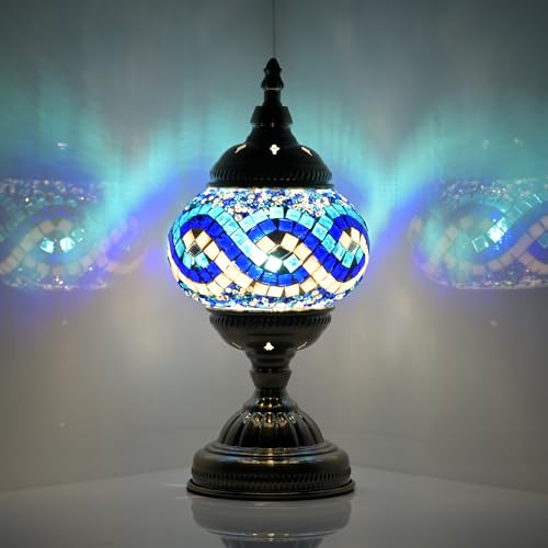 Turkish Moroccan Table Lamp Lantern with Handmade Mosaic Glass Lampshade Tiffany Style Bohemian Stained Glass Decorative Desk Lamps Bedside Night Lights for Bedroom