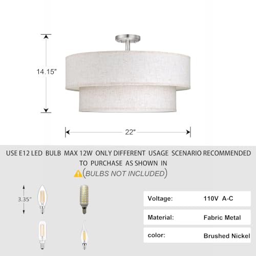 2 Tier 22" Cream Drum Fabric 5 Light Brushed Nickel Semi Flush Mount Ceiling Light for Living Room Dining Room Bedroom Hallway
