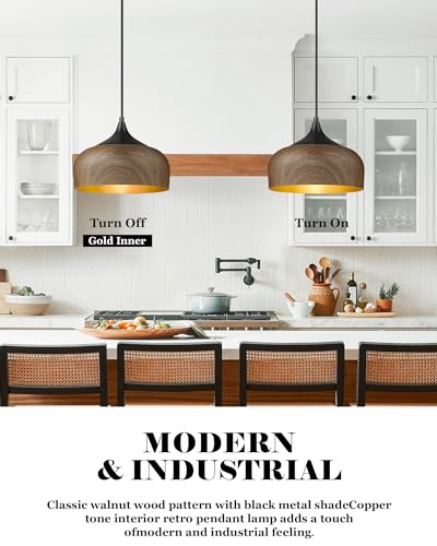 Modern Bauhaus Pendant Light Walnut Wooden Pattern Dome Pendant Light Fixture Matte Black Metal Gold Inner Adjustable Hanging Lighting for Kitchen Island Dining Room Office Hallway Bedroom