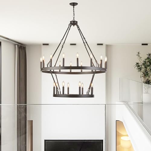 Large Chandeliers for High Ceilings Wagon Wheel Chandelier Kitchen Table Lighting 2 Tier 24 Lights Oil Rubbed Bronze Rustic Farmhouse 39.3 Inch for Dining Room Kitchen Island