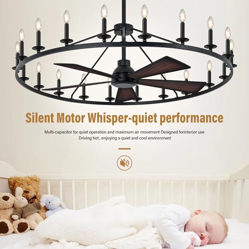50" Black Wagon Wheel Chandelier with Fans
