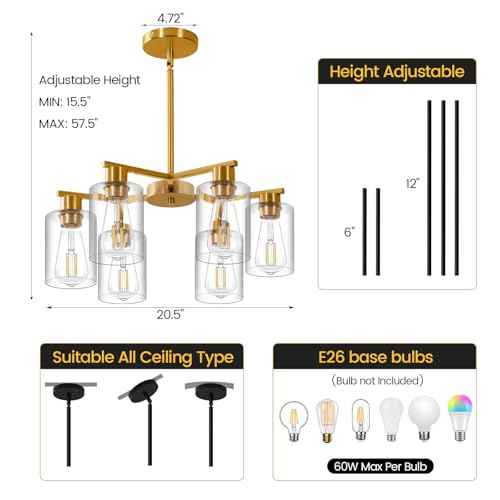 6-Light Modern Gold Chandelier Farmhouse Dining Room Light Fixture with Clear Glass Shade Hanging Ceiling Pendant Lighting for Kitchen Island Living Room Hallway