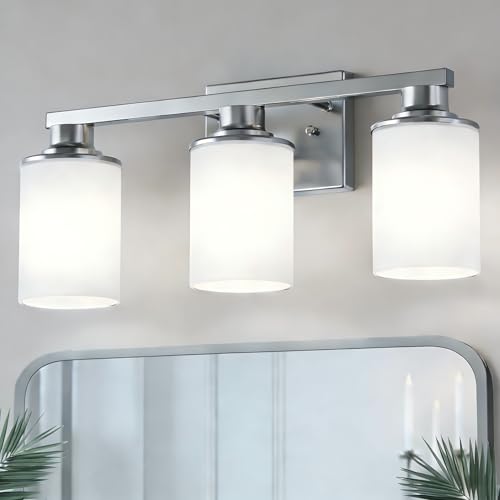 17 Inch 3 Light Nickel Bathroom Vanity Light Milk Glass
