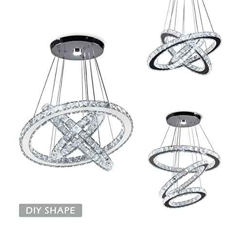 CLAIRDAI 3-Ring Adjustable Crystal Chandelier, Cool White LED | Modern stainless steel LED pendant light fixture for dining room, bedroom, living room, hallway