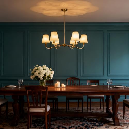 Brass Gold Chandeliers for Dining Room 6 Light Chandelier with Fabric Shade