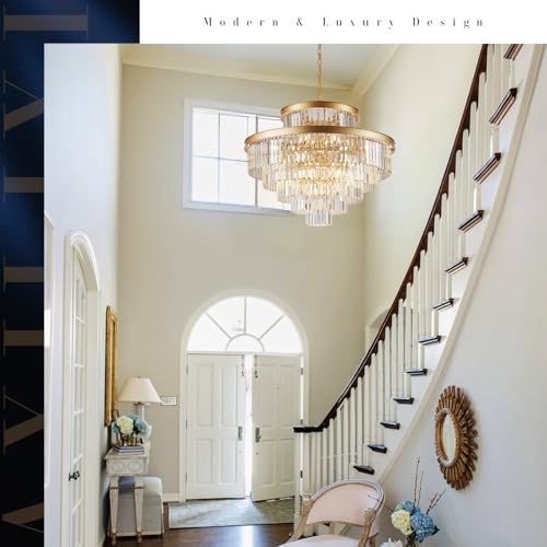 6 Tier Large Gold Crystal Chandeliers 35" Modern Luxury Foyer Chandeliers