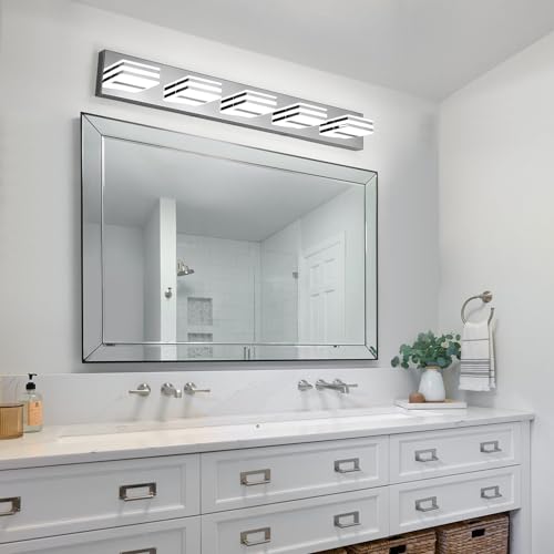 LED Vanity Lighting 30W Lights for Mirror 5 Light Bath Wall Lamps 34 Inch Bathroom Sink Lights over Vanity Modern Long Bath Lights Bars Chrome Wall Sconces Light for Bathroom Restroom 6000K