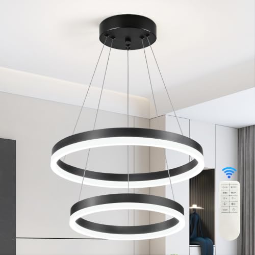 Modern Black Led Chandelier 2 Rings Dimmable LED Chandeliers with Remote Control Light Fixture for Kitchen Island Height Adjustable Chandelier Led Pendant Light for Living Room Dining Room
