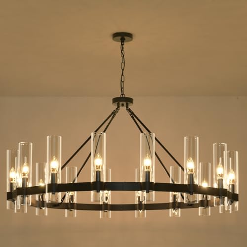 48 Inch Black Wagon Wheel Chandelier with Glass Shade