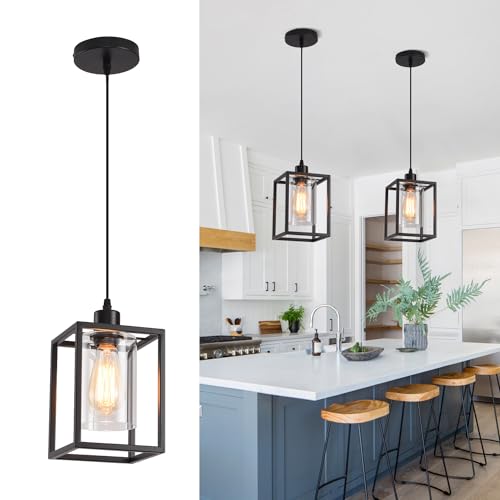 Black Pendant Lights for Kitchen Island Industrial Lantern Pendant Light Fixtures with Clear Glass Shade