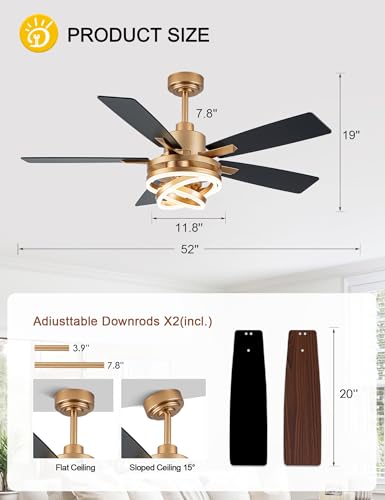 52" Black and Gold Ceiling Fans with Lights Modern Chandelier Fan