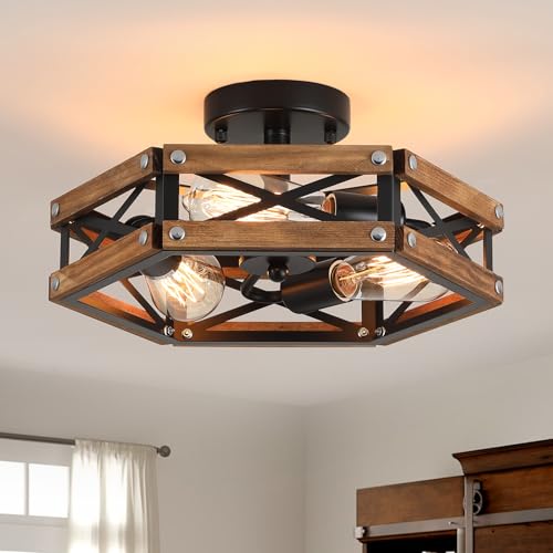 3 Light Rustic Farmhouse Wood Flush Mount Ceiling Light Fixture Oak Wood and Metal Cage Semi Flush Mount Ceiling Light for Hallway Hall Entry Bedroom Kitchen Farmhouse