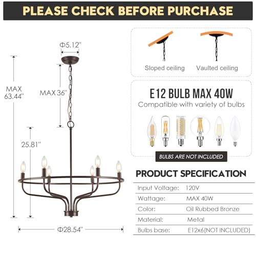 6 Light Farmhouse Oil Rubbed Bronze Chandelier Dining Room Light Fixture Metal Candle Chandeliers for Bedroom Hanging Lighting for Kitchen Living Room Entryway Foyer