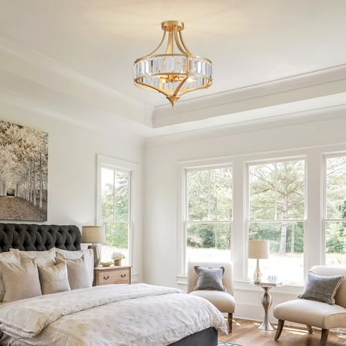 Modern Gold Crystal Chandelier 4 Lights Semi Flush Mount Ceiling Light Fixture E12 Base Farmhouse Mid Century Chandelier for Dining Room Bedroom Hallway Entryway Kitchen