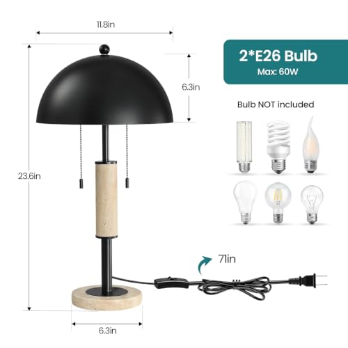 Black Bedside Table Lamp Set 2 Mid Century Modern Tavertine Nightstand Lamp