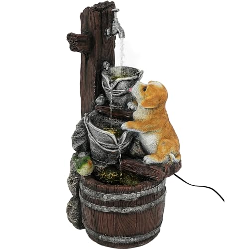 3 Tier Outdoor Fountain with Puppy & Green Bird and LED Lights