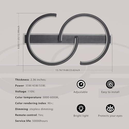 LED Ceiling Light 2 Rings Black Modern Ceiling lamp 45W Flush Mount Ceiling Light with Remote 3000