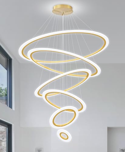 Modern LED Dimmable Chandelier 6 Ring High Ceiling Large Chandelier for Living Room Hanging Light Fixture for Foyer Staircase Gold