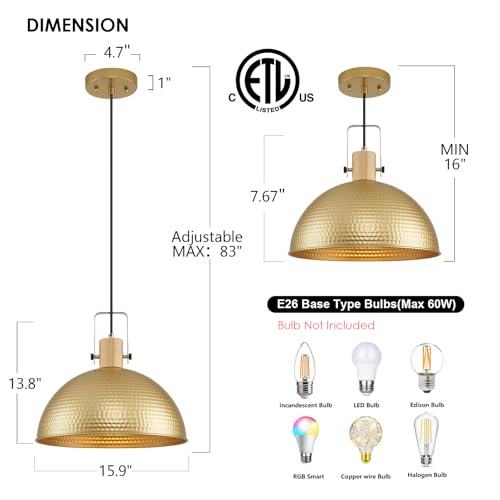 16 Inch Gold Pendant Lights Hammered Matte Pendant Lights for Kitchen Island Industrial Farmhouse Adjustable Height Dome Hanging Light Fixtures for Barn (2 Count)