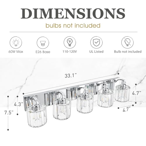 5 Light Modern Bathroom Light Fixture Chrome Vanity Lights Over Mirror Wall Sconce Lighting with K9 Crystal Shades Bathroom Wall Lamp E26 Base for Bedroom