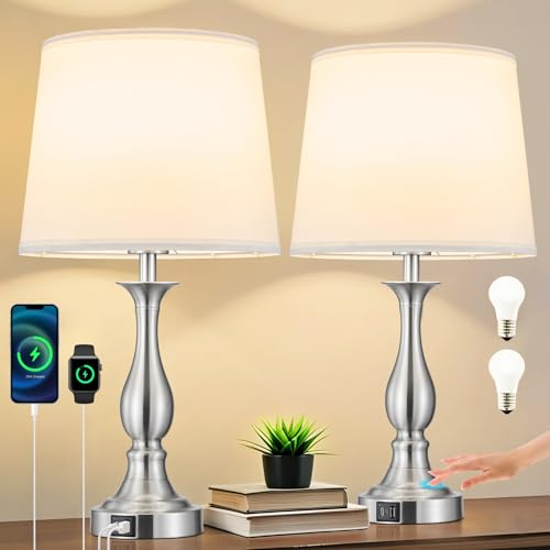 Bedside Table Lamp Touch Control Bedroom Lamps with USB A + C Charging Port 3 Way Dimmable Touch Lamps for Nightstand Living Room Bedroom Dorm Home Office Reading (2 Count)
