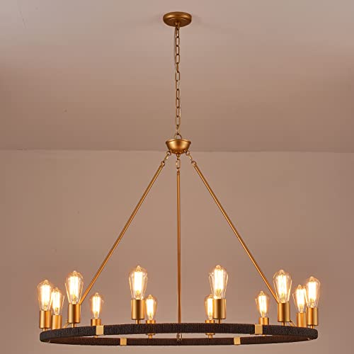 12 Lights Wagon Wheel Chandelier Bohemia Black Hand Woven Rattan Chandelier Farmhouse Large Brass Pendant Light for High Ceilings Living Room Dining Room