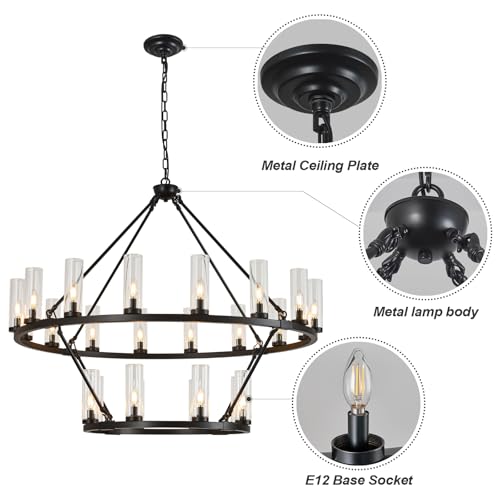 48 Inch Large Black Wagon Wheel Chandelier with Clear Glass Shade 2 Tier 24