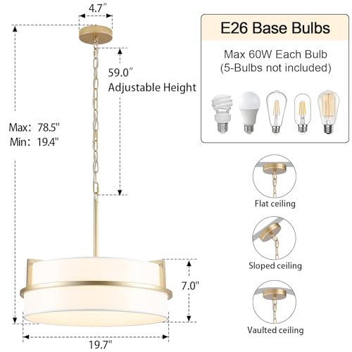 19.7" Modern Drum Pendant Light Gold Chandeliers with White Linen Shade