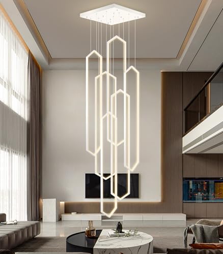 6 Rings Modern Chandelier White Large Contemporary LED Dimmable Light for Living Room Entrance High Ceiling Chandeliers with Remote Control for Villa Foyer