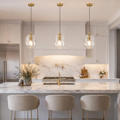 Gold Pendant Lights Kitchen Island Modern Organic Blown Globe Glass Light