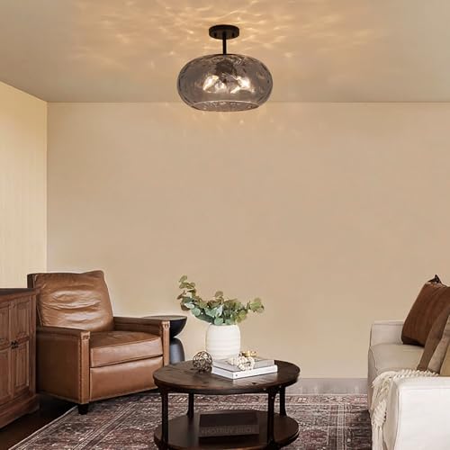 Matte Black Semi Flush Mount Ceiling Fixture Large Smoked Hammered Glass Shade Modern Close to Ceiling Light 14" Art Lampshade for Hallway Foyer Bedroom