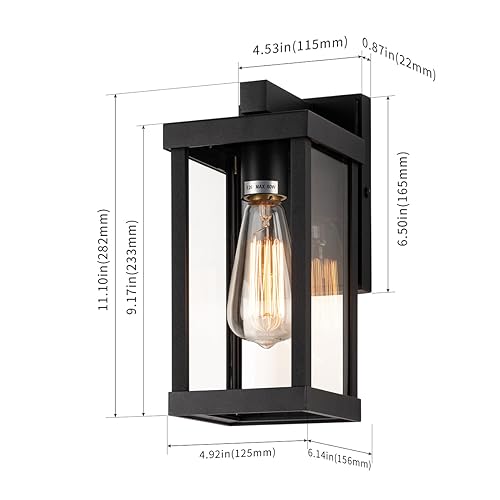11" Classic Outdoor Wall Sconce 1 Light in Matte Black Rectangular Metal Frame and Clear Glass Shade Waterproof Porch Light Patio Light Pack of 4 (4 Count)