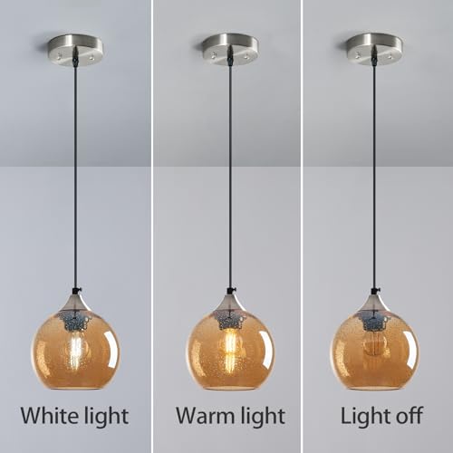 Amber Glass Pendant Lights Kitchen Island Globe Pendant Light Fixtures Modern Pendant Lighting for Bedroom Living Dining Room Light Fixture (3 Count)